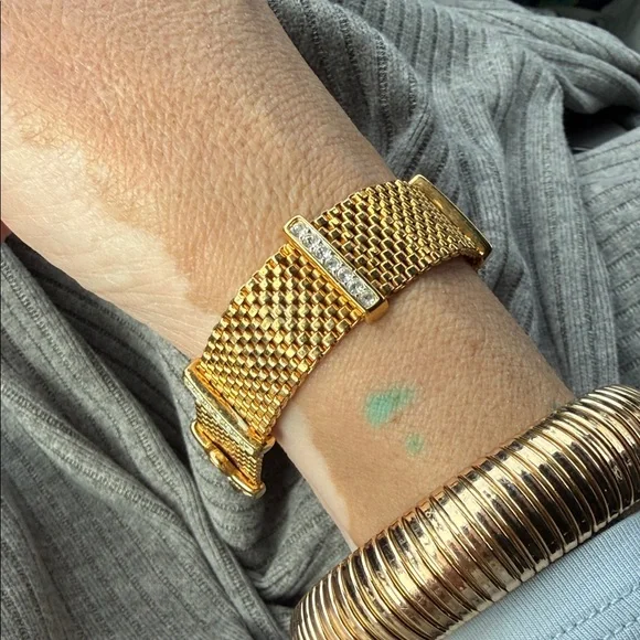 Swarovski gold metal mesh bracelet, white pave crystals, 7"L, Swan Mark - Picture 5 of 10